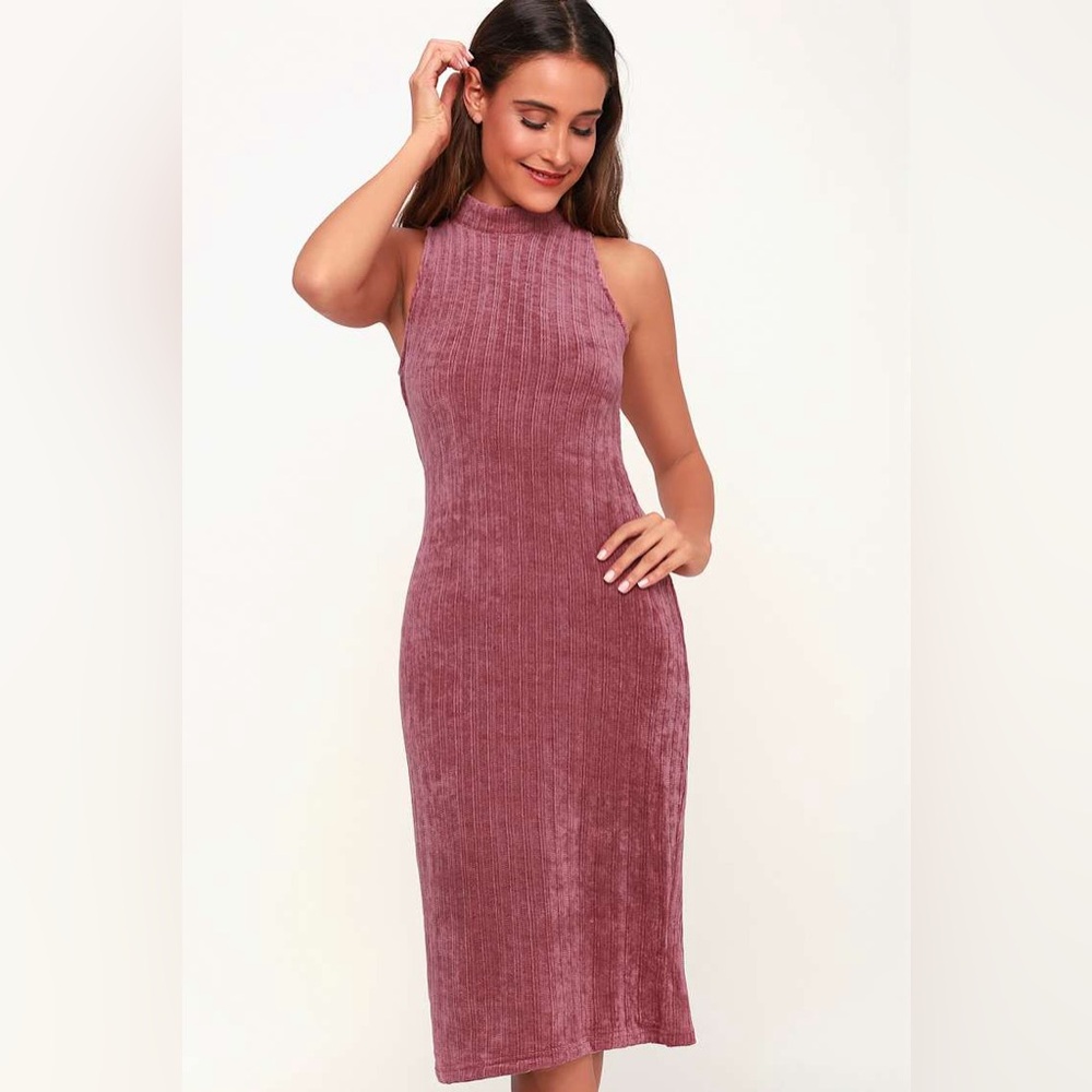 💋 LULUs Hello Cozy Mauve Pink Chenille Mock Neck Sweater Dress. Size MEDIUM